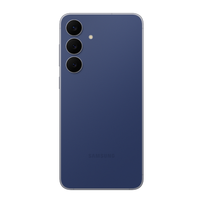 Blue Samsung smartphone back view on a white background