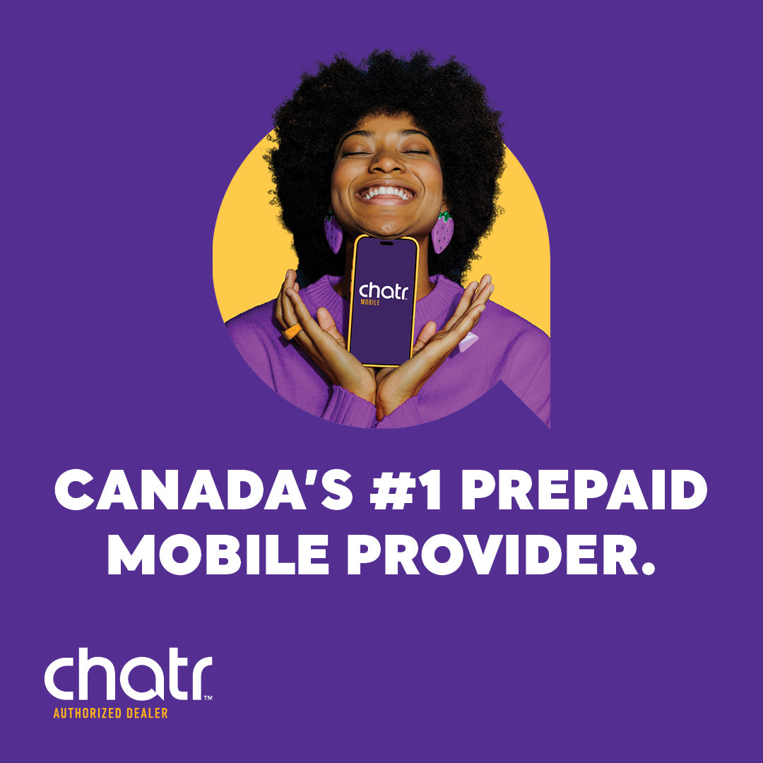 Advertisement for chatr, Canada's #1 prepaid mobile provider, featuring a person holding a phone with the chatr logo on a purple background.